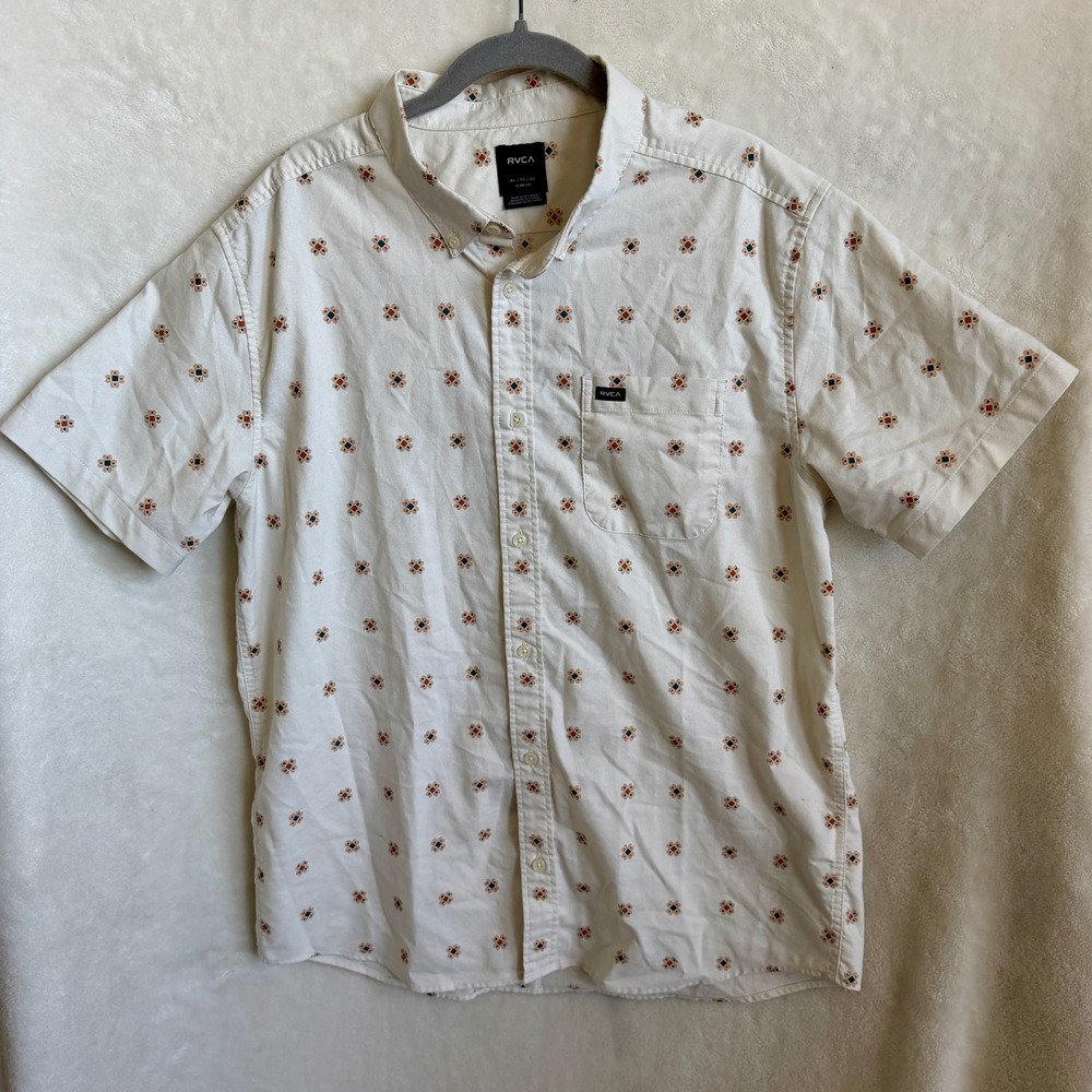 RVCA Mens Cream Geometric Medallion Print Short Sleeve Button Up Shirt Sz XL